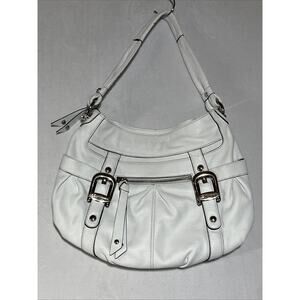 B Makowsky Leather Handbag Shoulder Bag White Hobo with Buckles Top Zip Pleats